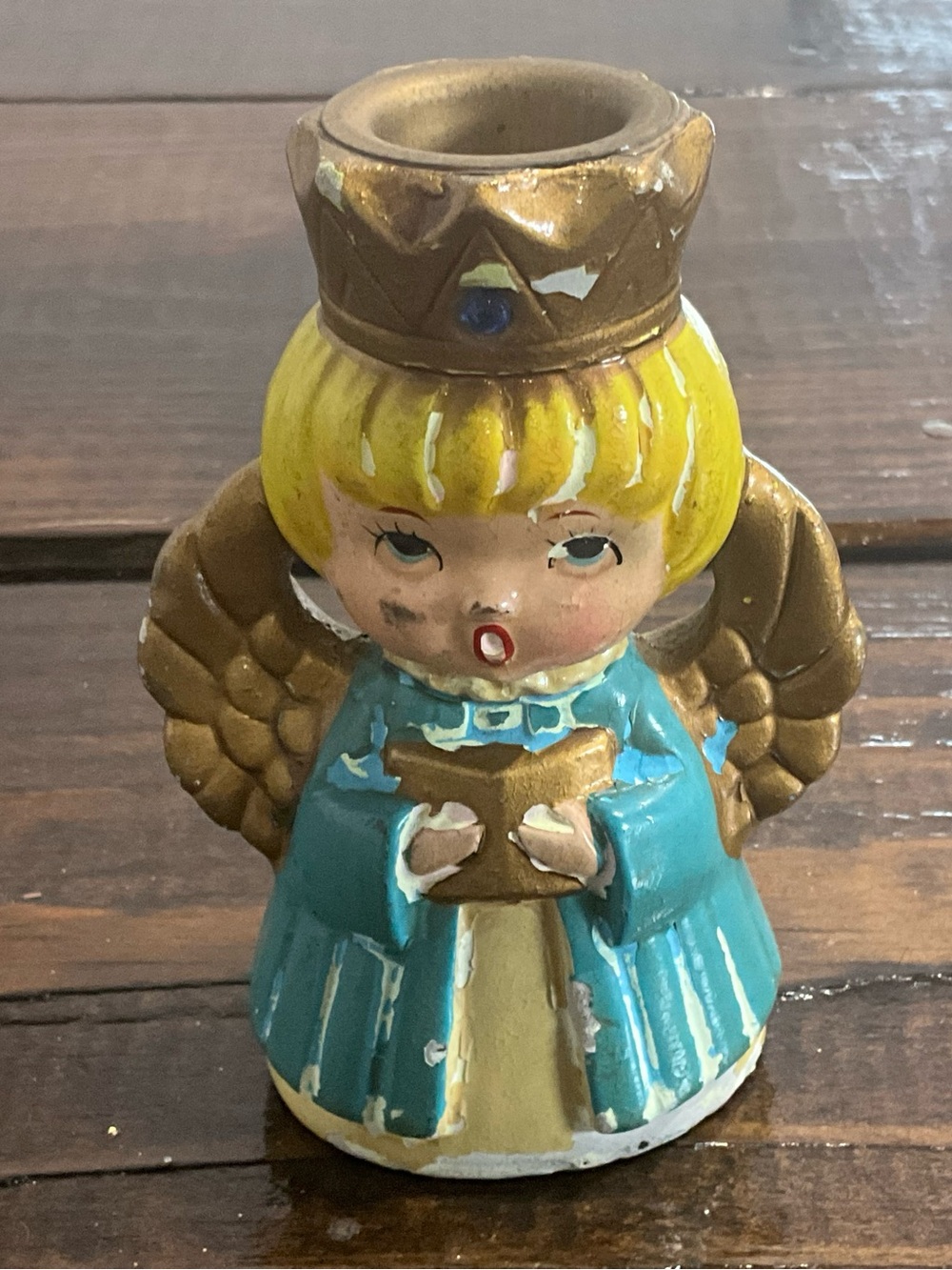 Vintage Small Ceramic Chalk Ware Angel Candle Holder Blue Gold MCM